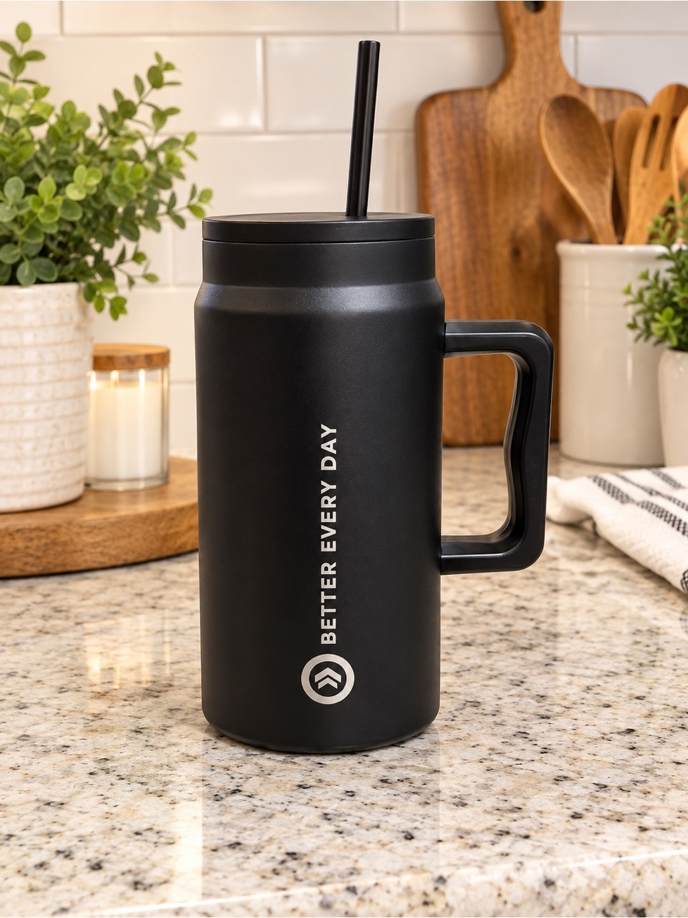 TLE The Ladies Edge Black Large Cup with Handle and Straw